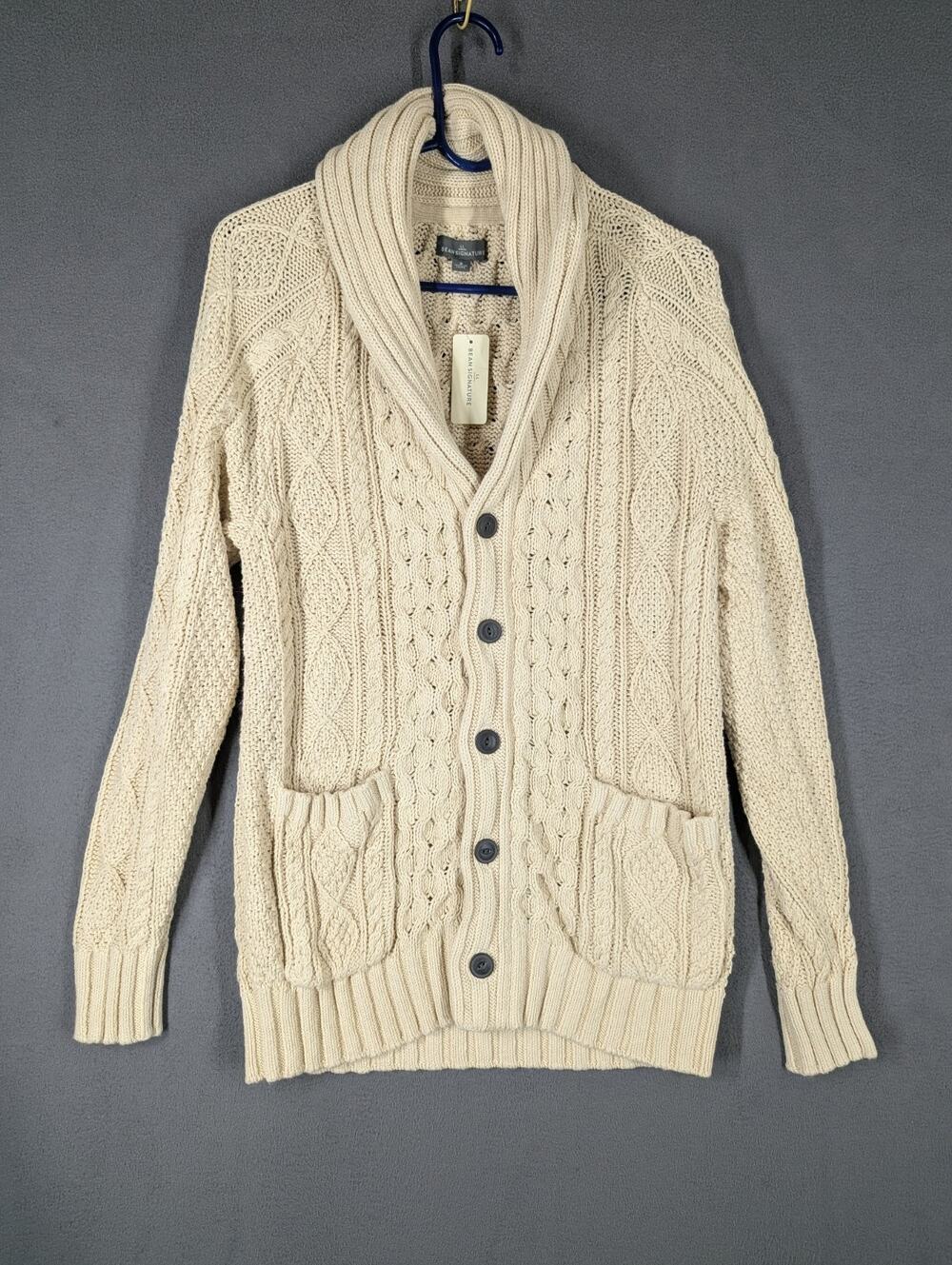 L.L.Bean Signature Men's L Cardigan Shawl Collar Cable Knit Chunky Sweater Beige
